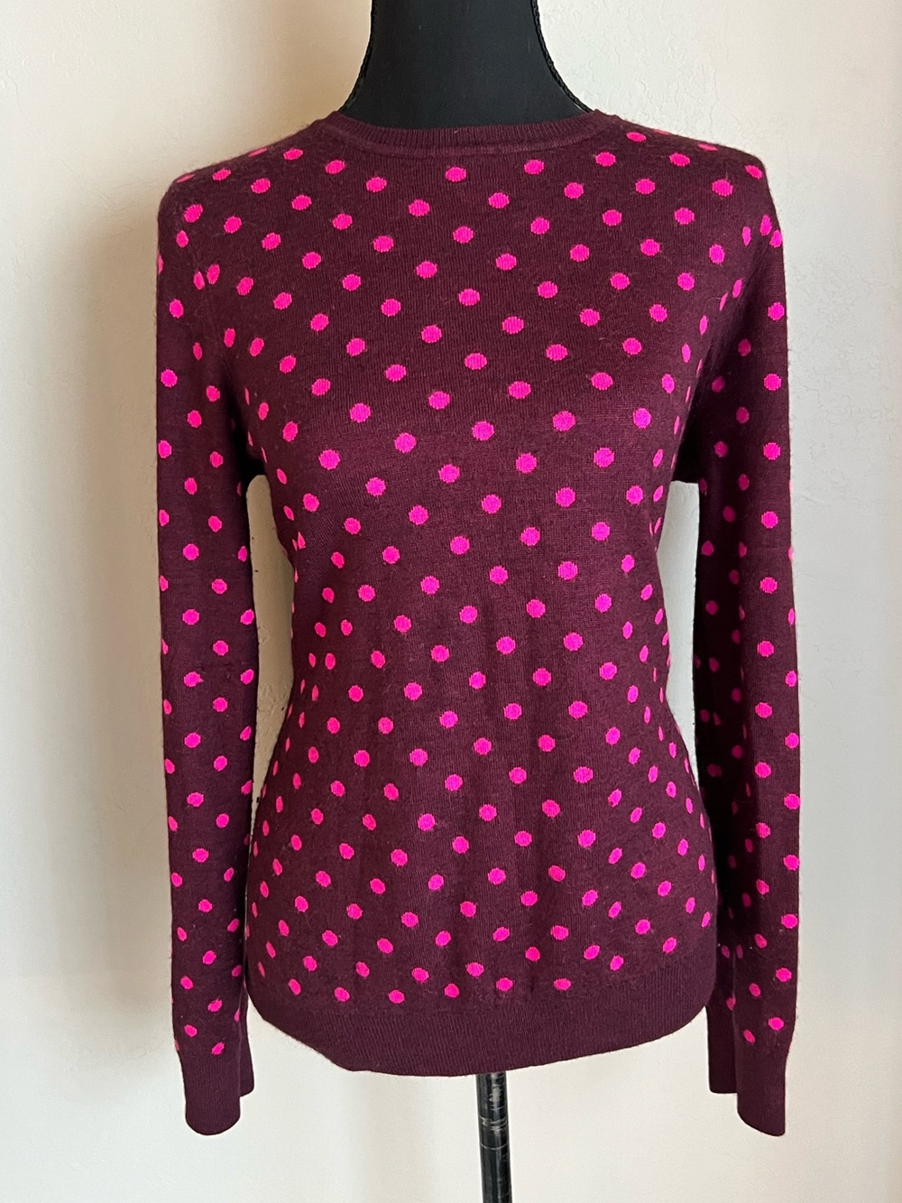 The Limited Burgundy Crewneck Sweater with Hot Pink Polka Dots